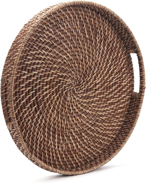 13.8"x2") Round Rattan Woven Serving Tray with Handles Ottoman Tray for Breakfast, Drinks, Snacks for Coffee Table