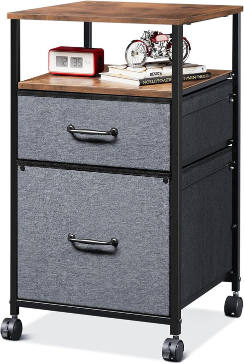 DEVAISE 2 Drawer Mobile File Cabinet, Rolling Printer Stand with Open Storage Shelf, Rustic Brown