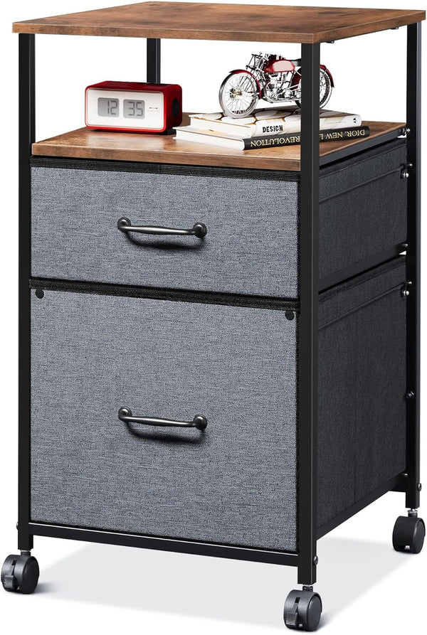DEVAISE 2 Drawer Mobile File Cabinet, Rolling Printer Stand with Open Storage Shelf, Rustic Brown