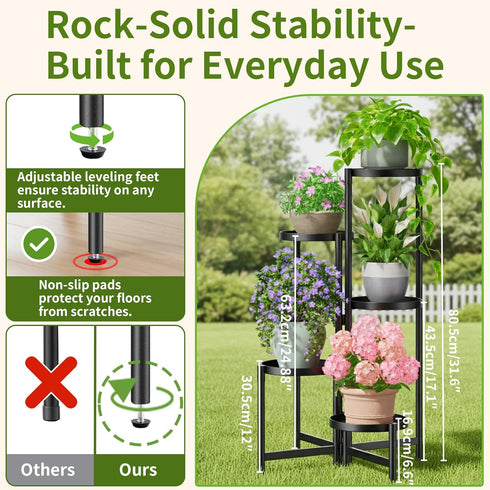 NQW 5 Tall Plant Stand Indoor Outdoor, Corner Metal Flower Pot Stands for Multiple Plants, Tier Heavy Duty Plant Shelf