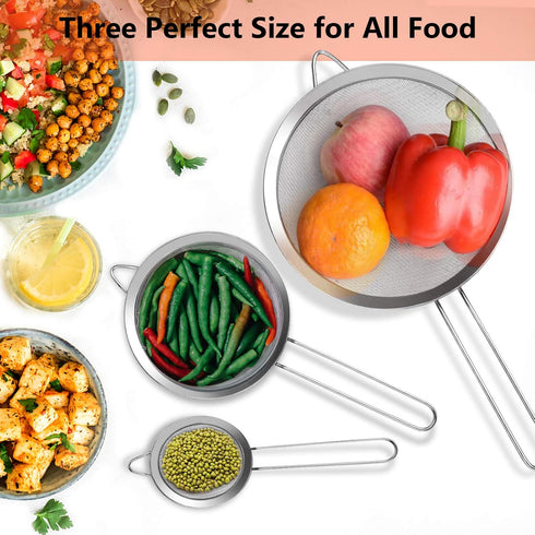 3Pcs Extra Fine Mesh Strainer Set with Handle - Small, Medium, Large Stainless Steel Sieve for Kitchen Baking