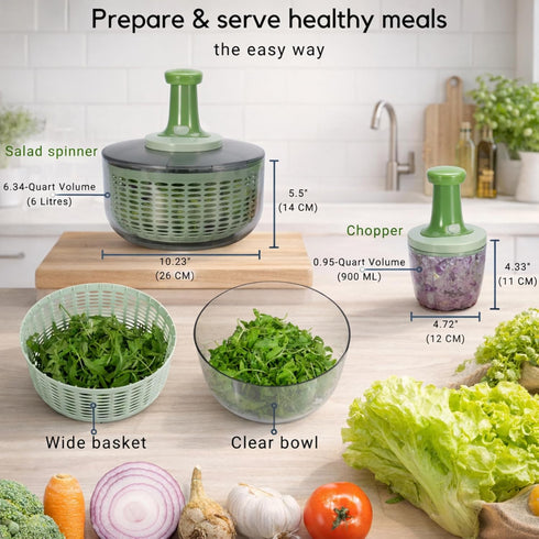 6.3-Quart 0.95-Quart Brieftons Salad Spinner and Chopper: Large Lettuce Greens Vegetable Washer Dryer, with Bonus