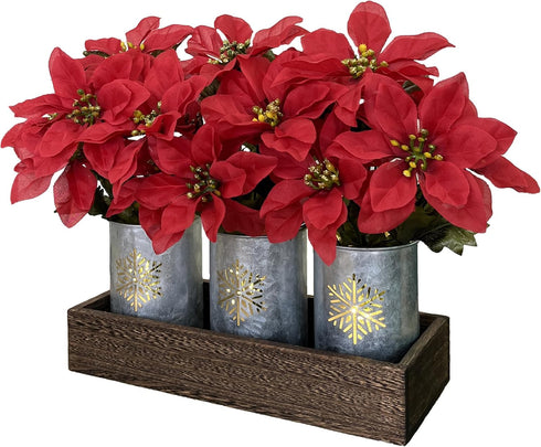 HEMYLU Poinsettias Artificial Christmas Flowers with LED Lights, Red Xmas Table Centerpiece in