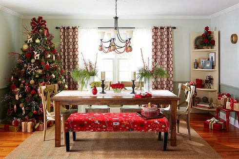 YISUN Christmas Dining Bench Covers, Stretch Printed Christmas Bench Covers, Anti-Dust Removable Bench Slipcover