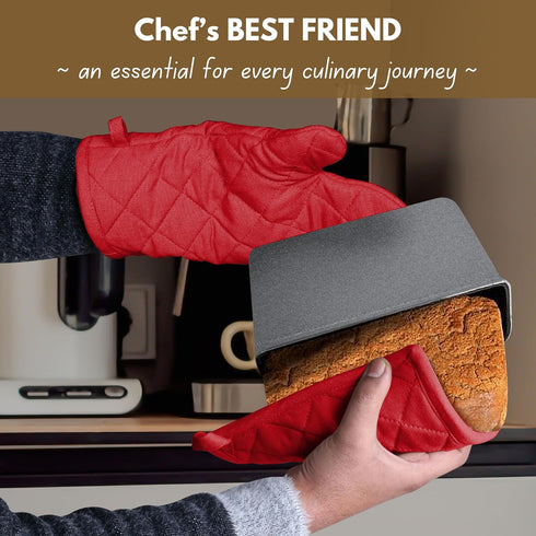 Native Fab Pot Holders and Oven Mitts Set - 4-Piece Kitchen Heat Resistant Cotton Set in Red