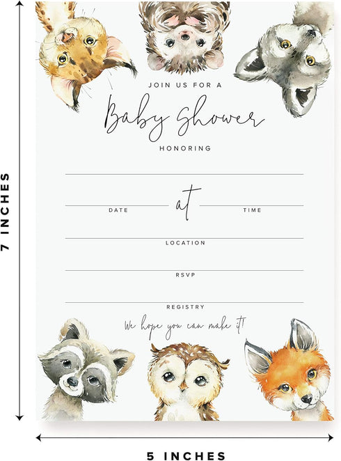 Bliss Collections 25 Baby Shower Invitations with Envelopes, Woodland Animals, Gender Neutral 5x7 Cards