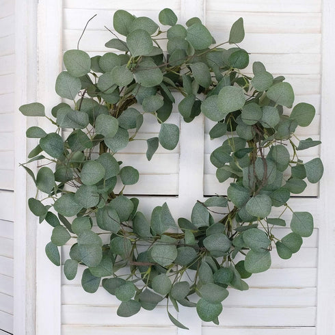 idyllic Eucalyptus Leaves Wreath, 22 Inches Round Green Metal Polyester Fabric Paper for Front Door Decor