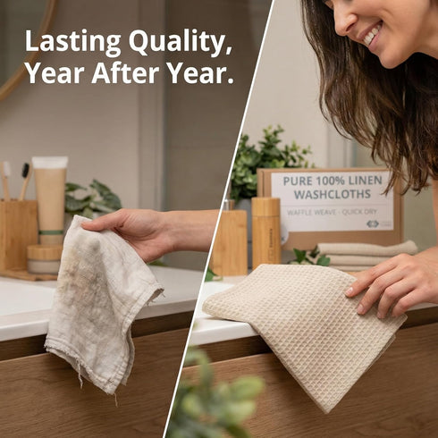 4-Pack 10x10 inch Flax Linen Washcloths for Bathroom - Waffle Washcloths - Linen Face Cloths - Waffle Weave Cleaning