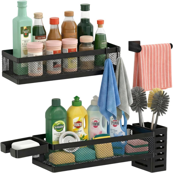 PUSDON 5-in-1 Wide Wall Mount Wrapped Mesh Kitchen Organizer & Shower Caddy