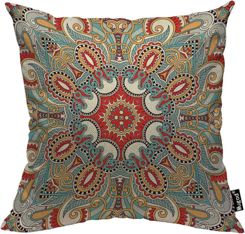 Mugod Traditional Ethnic Paisley Flower Throw Pillow Cover - Red Teal White Yellow Cotton Linen 18x18 Inch