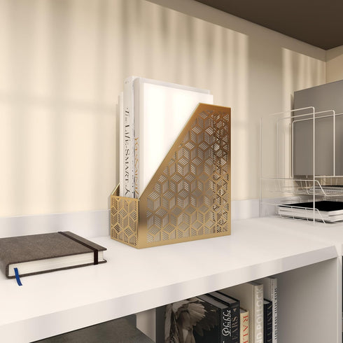 Deco 79 Metal Geometric Magazine Holder, Single Slot with Laser Carved Design, Gold