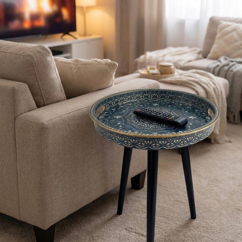 13" 3 Zosenley Small Round Side Table with Boho Mandala Pattern Tray - Vintage Navy Blue Tripod End Table