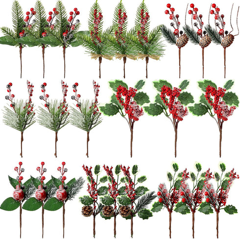 WILLBOND 24 Pcs Christmas Picks and Spray Christmas Tree Red Berry Pine