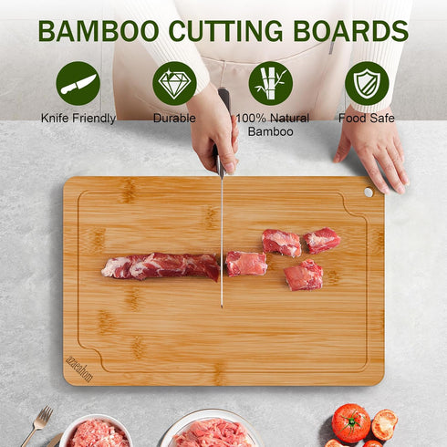4-Piece Set Bamboo Cutting Boards for Kitchen, Wood Cutting Board with Juice Grooves & Built-in Handles, Easy Storage