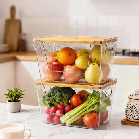 2 Set Criusia Pantry Organizers and Storage with Bamboo Lids, Stackable Clear Bins for Onion, Potato, Fruit