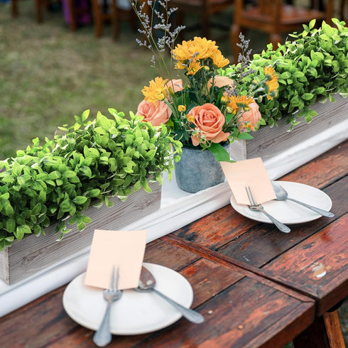 2 Pack (White,16 Lyrow Artificial Eucalyptus Plants in Rectangular Rustic Wooden Planter Box Faux Potted Herb Plant