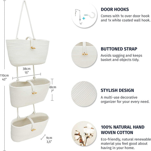 3-Tier OrganiHaus White Wall Hanging Baskets for Organizing, Hanging Storage Basket, Over the Door Basket Organizer