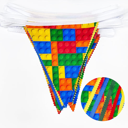32Ft Building Block Party Decorations Red Blue Yellow Green Colorful Building Block Triangle Flag Pennant Bunting