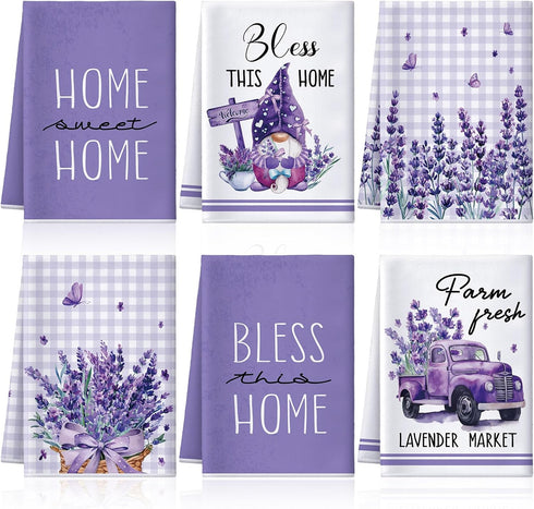 6 Pcs Spring Lavender Kitchen Towel Set - Rustic Bath Hand Towels for Spring Holiday, 24 x 16 Inches