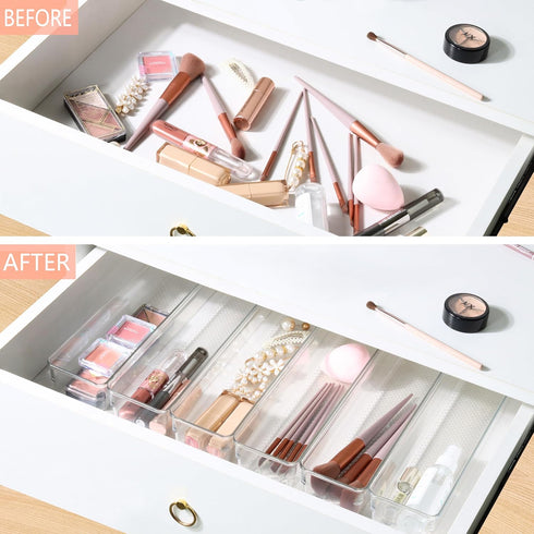 ihomecooker 6 Set Clear Plastic Junk Drawer Organizer for Kitchen, Vanity, Curlery, Utensil, Makeups