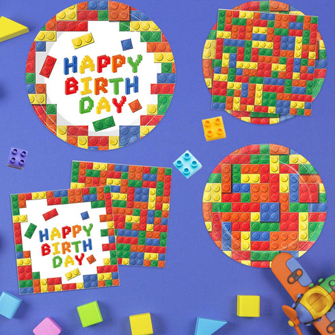 177 25 LINHAXM Pcs Building Block Birthday Party Supplies, Colorful Plates, Napkins, Cups, Tablecloth, Banner for Boys