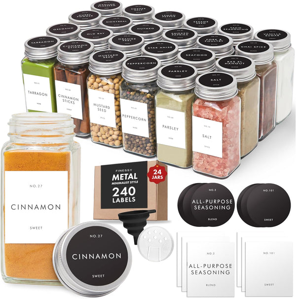 Glass Spice Jars with Labels with Metal Lids and Shakers Minimalist 24