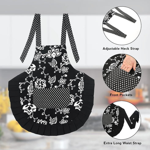 G2PLUS Vintage Floral Kitchen Apron for Women, Black Pleated Hem Cooking Apron with Pocket, 29 x 21 inch