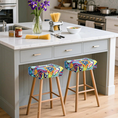 Set 2 18x14inch Waterproof Bar Stool Covers Rectangle of Boho Stretch Seat Cushion Covers for Backless Barstools