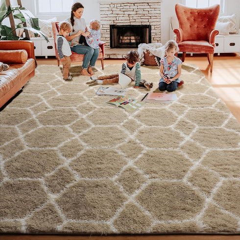 5x7 ONASAR Area Rugs for Living Room Bedroom, Fluffy Beige and White Shag Rug, Geometric Boho Soft Plush Shaggy Floor