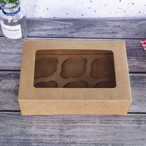 ONE MORE Cupcake Boxes with Inserts, 6 Holders, 9.5x6.3x3inch Large Brown Kraft Bakery Boxes with Window, Pack of 15
