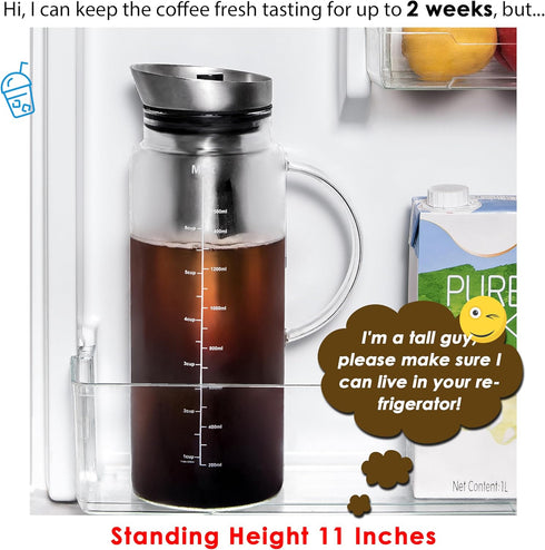 Aquach Cold Brew Coffee Iced Tea Maker & Fruit Pitcher, Large Capacity 51 Ounces with Glass Carafe and Steel Infuser