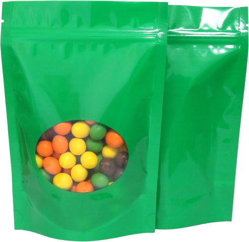 Double-Sided Stand-Up Pouch, Matte/Glossy Color with Clear Round Window, 100 Bags/Pack (6.3" x 8.7", Glossy Green)