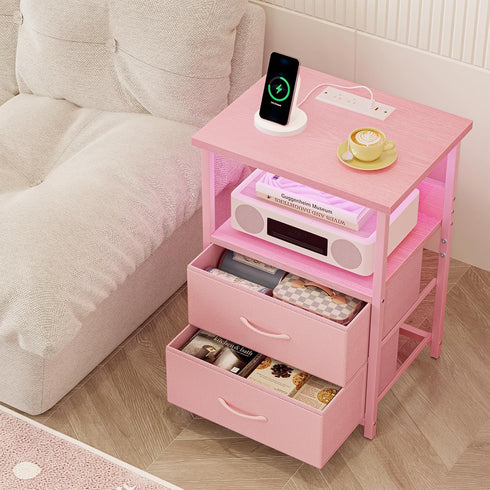 2 Fixwal Night Stand with Charging Station, LED Nightstand with U-S-B Ports and Outlets, Fabric Storage Drawers with PU