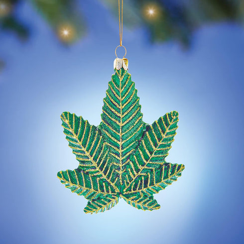 Kurt S. Adler Sparkling Green Glass Cannabis Leaf Christmas Ornament