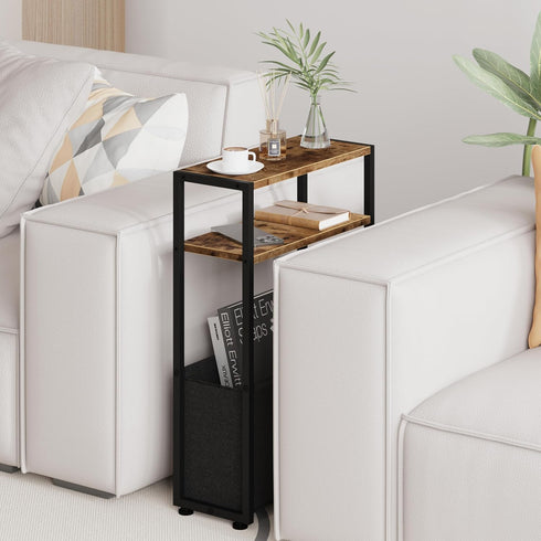 Leomonio Narrow Side Table, Slim End Tables with Fabric Basket, Skinny Table for Small Spaces, Thin Bedside Table