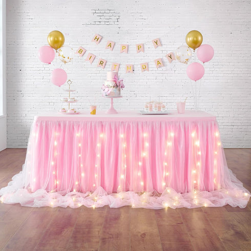 leegleri Pink Tulle Table Skirt for Baby Shower - 6FT Ruffle Tutu with LED Light for Birthday Party Decorations
