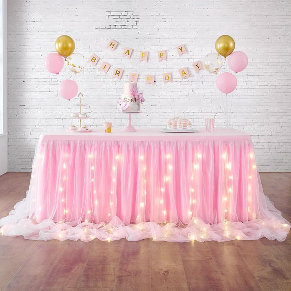 leegleri Pink Tulle Table Skirt for Baby Shower - 6FT Ruffle Tutu with LED Light for Birthday Party Decorations