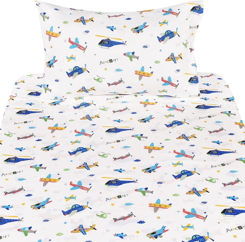J-pinno Set 100% Set Plane Airplane Aircraft Helicopter Cartoon Twin Sheet Bedroom Decoration Gift Cotton Flat Sheet +