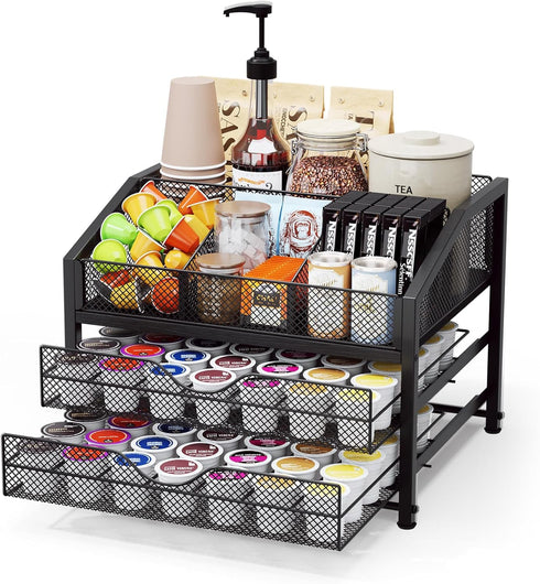 Homsorout Coffee Bar Organizer - Coffee Station for Countertop, Metal and Wood