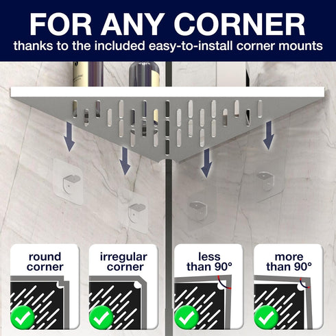 iReef way 16" Bathroom Corner Shelves for Shower - Adhesive / Stick / Drill / No Drill - Strong White Floating Corner