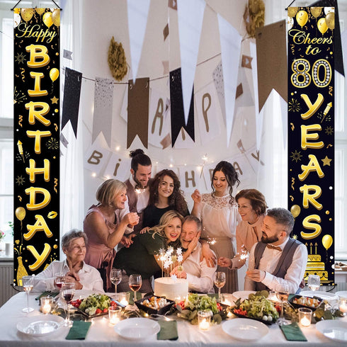 80th Birthday Party Banner Decorations for Women Men, Black Gold Cheers to 80 Years Birthday Supplies