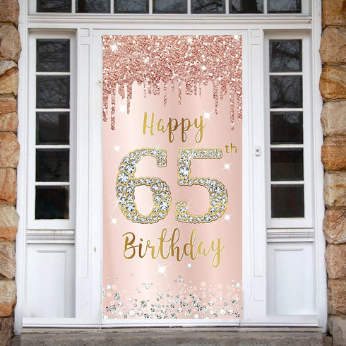 65th Birthday Decorations Door Banner for Women, Pink Rose Gold Happy 65 Birthday Backdrop Party Supplies