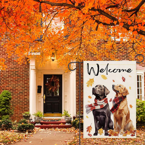 Welcome Fall Dog Garden Flag, 12x18 Inch Double Sided for Outside Thanksgiving, Small Flag for Labrador Golden Retriever