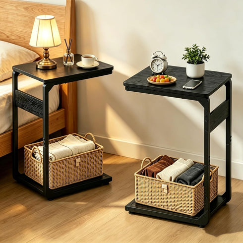 Vovonusy ET-YB-BK1 Wood Pedestal Small Sofa Side Table for Couch, Tall Nightstand, C Shaped End Table, TV Trays