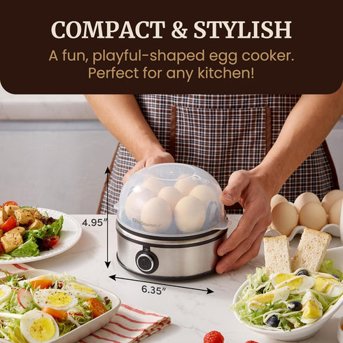 EGC855SS 7-Egg Elite Gourmet Easy Egg Cooker, Capacity, Soft, Medium, Hard-Boiled, Omelets, Poached Eggs, Plays Melody