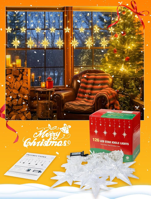 126 Lights,7.8ft in,8 LED Star Icicle Connectable Window Curtain Lights Plug Lighting Modes Timer Bethlehem Star