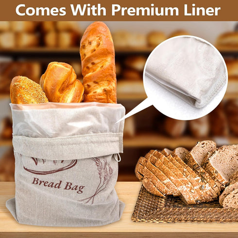 Cromagic 2-Piece Set. 13 17-inch Reusable Bread Bag x linen bread bag with plastic liner keeps bread fresh