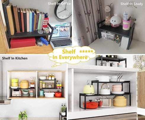 Expandable Cabinet Shelf Organizer, Stackable Kitchen Counter Shelf Rack 16~26", 22LBS Sink Shelf Riser in Black