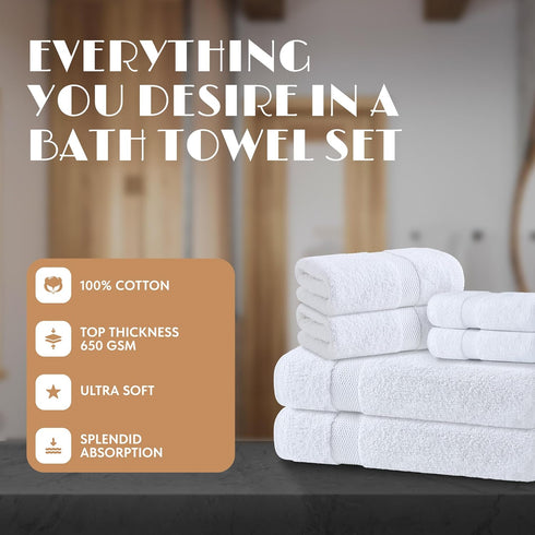 Set 6 100% 2 650GSM, 2 2 White Bath Towel of - Cotton Highly Absorbent Towels for Bathroom, Luxury Bath Towels Hand