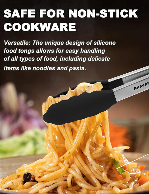 Anaeat Non-Stick Silicone Locking Tong Set of 2 - Stainless Steel 9" and 12" Kitchen Food Tongs with Non-Slip Silicone Tips and Grip for Cooking, Baking and BBQ - Heavy Duty & Heat Resistant (Black) by Anaeat